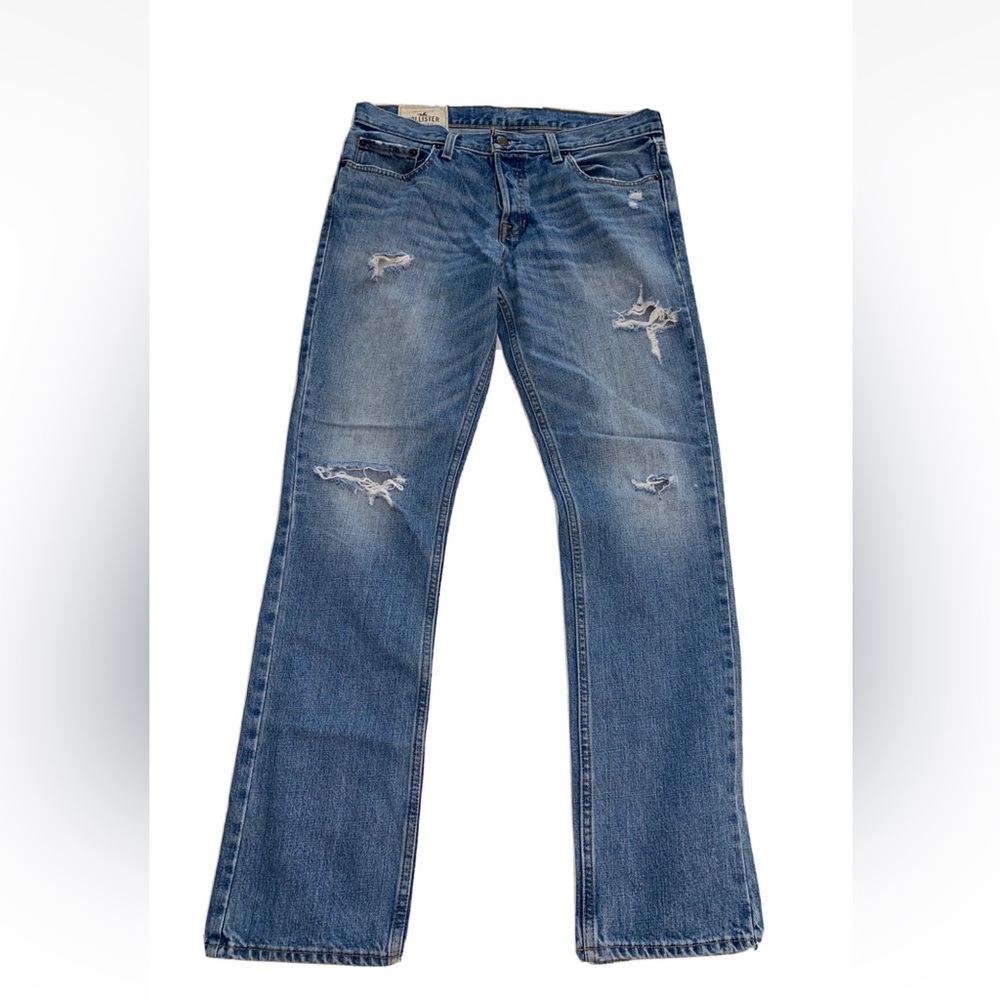 Preowned Mens Hollister Slim Straight Destroyed Jeans in Blue Mid Wash 33 X 32